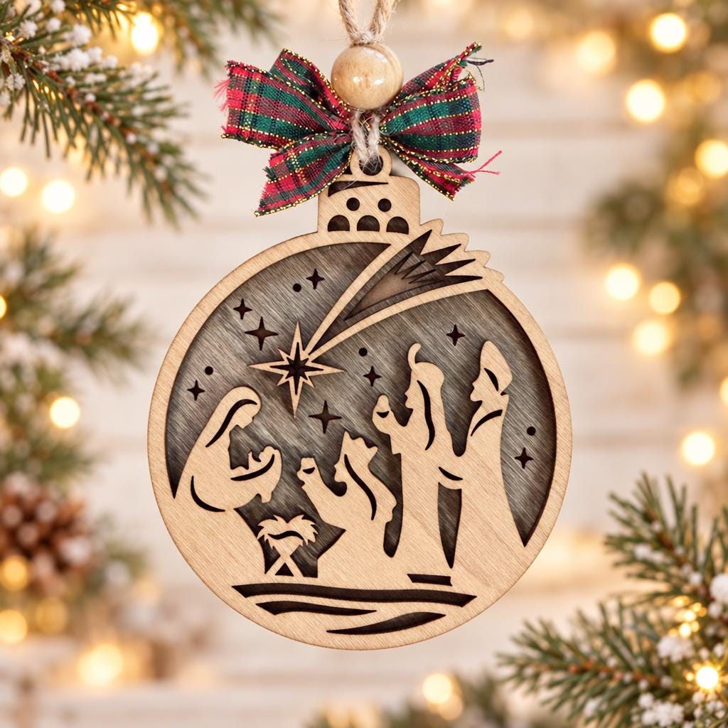 Nativity Ornament with Wise Men, Layered Wood Bauble Nativity Scene with Shooting Star, Religious Christian Christmas Tree Decor