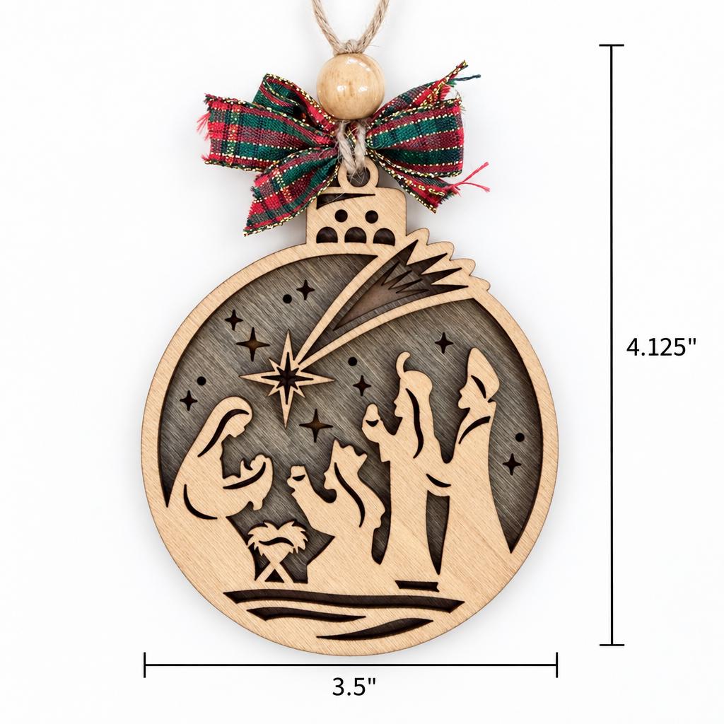 Nativity Ornament with Wise Men, Layered Wood Bauble Nativity Scene with Shooting Star, Religious Christian Christmas Tree Decor