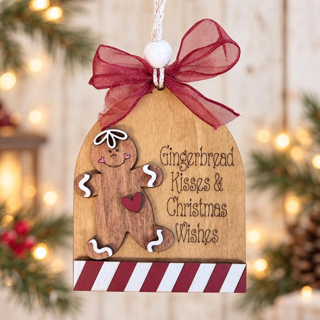 Gingerbread Kisses & Christmas Wishes Ornament, Engraved Wood Gingerbread Man Ornament with Candy Stripe, Farmhouse Tree Decor