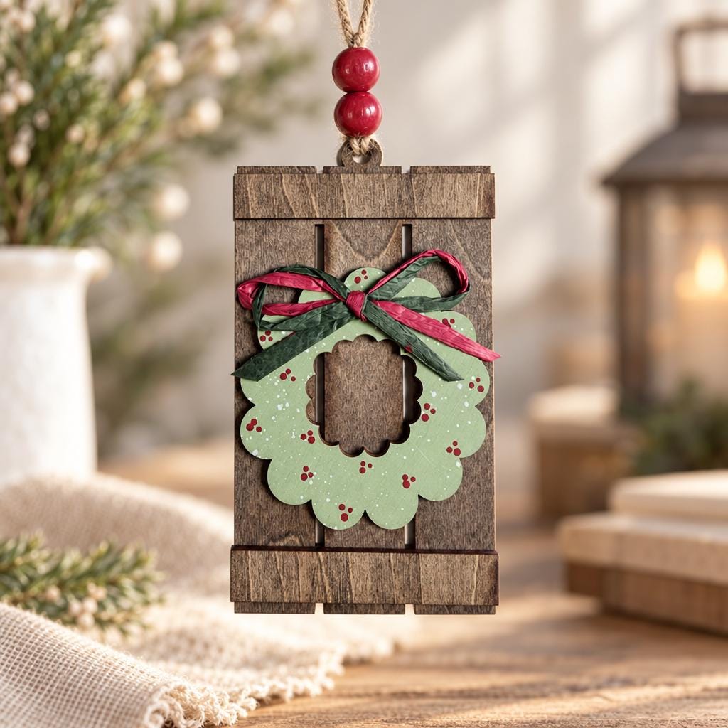 Wreath Ornament, Rustic Wood Pallet Christmas Ornament with Sage Green Wreath and Raffia Bow, Farmhouse Christmas Tree Decor
