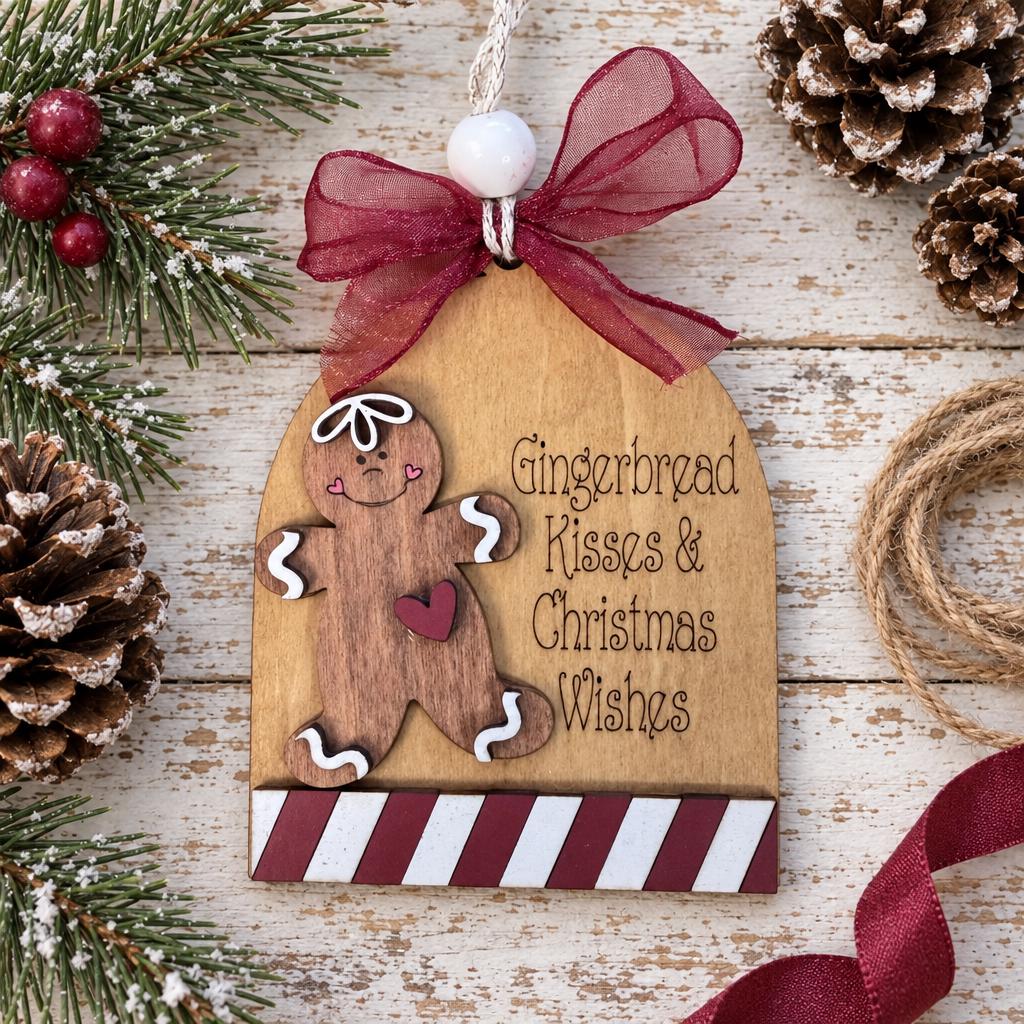 Gingerbread Kisses & Christmas Wishes Ornament, Engraved Wood Gingerbread Man Ornament with Candy Stripe, Farmhouse Tree Decor