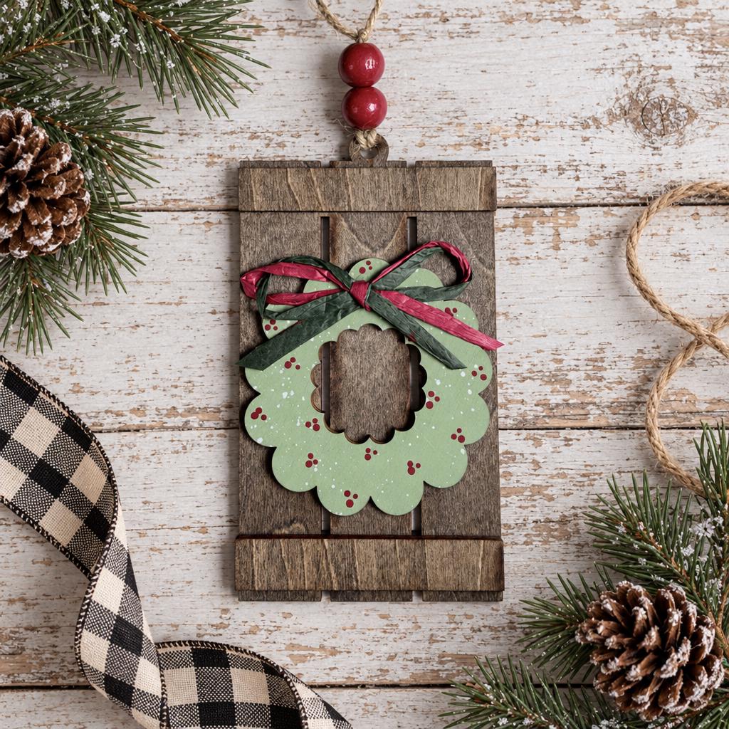 Wreath Ornament, Rustic Wood Pallet Christmas Ornament with Sage Green Wreath and Raffia Bow, Farmhouse Christmas Tree Decor