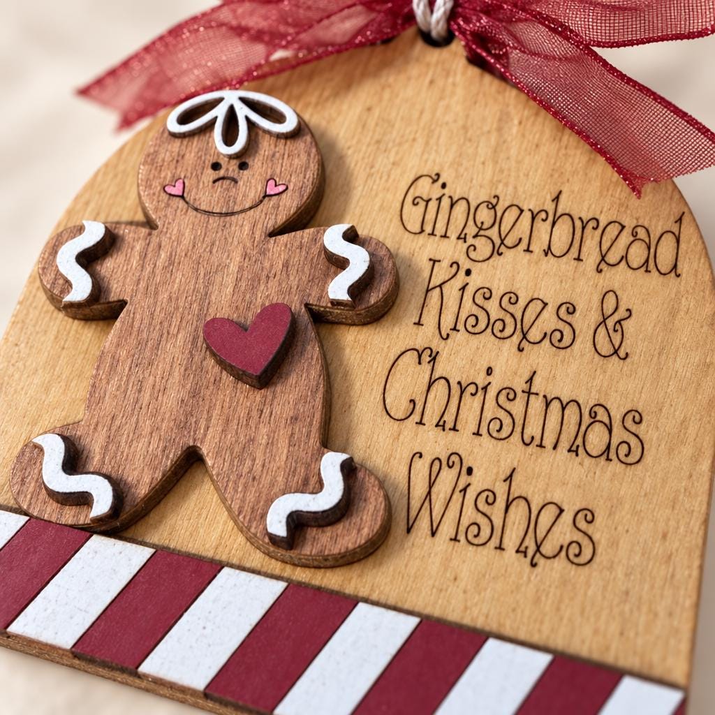 Gingerbread Kisses & Christmas Wishes Ornament, Engraved Wood Gingerbread Man Ornament with Candy Stripe, Farmhouse Tree Decor