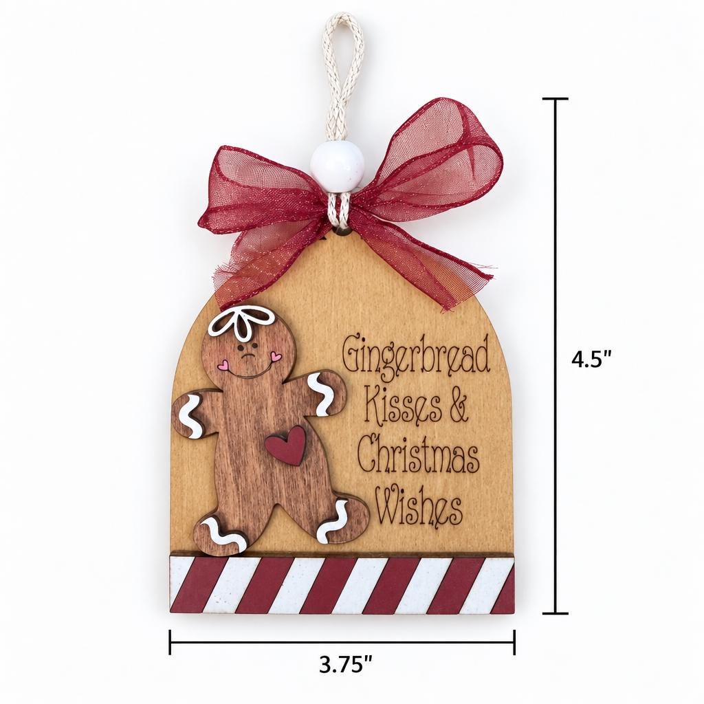 Gingerbread Kisses & Christmas Wishes Ornament, Engraved Wood Gingerbread Man Ornament with Candy Stripe, Farmhouse Tree Decor