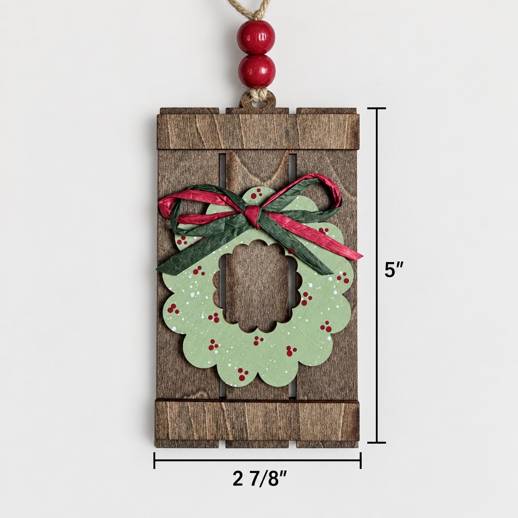 Wreath Ornament, Rustic Wood Pallet Christmas Ornament with Sage Green Wreath and Raffia Bow, Farmhouse Christmas Tree Decor