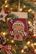 Red Mitten Ornament with Gingerbread Man, Layered Wood Gingerbread Christmas Ornament with Holly and Heart, Farmhouse Tree Decor
