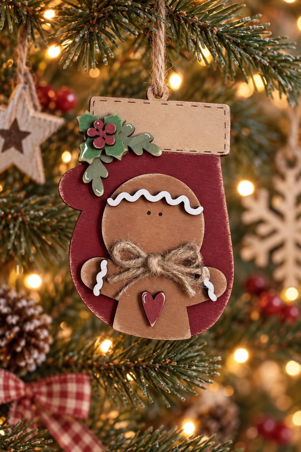 Red Mitten Ornament with Gingerbread Man, Layered Wood Gingerbread Christmas Ornament with Holly and Heart, Farmhouse Tree Decor