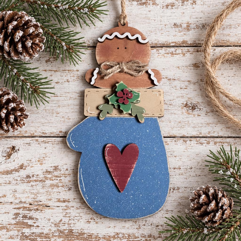 Gingerbread Mitten Ornament, Layered Wood Gingerbread Man in Blue Mitten with Heart and Holly, Farmhouse Christmas Tree Decor