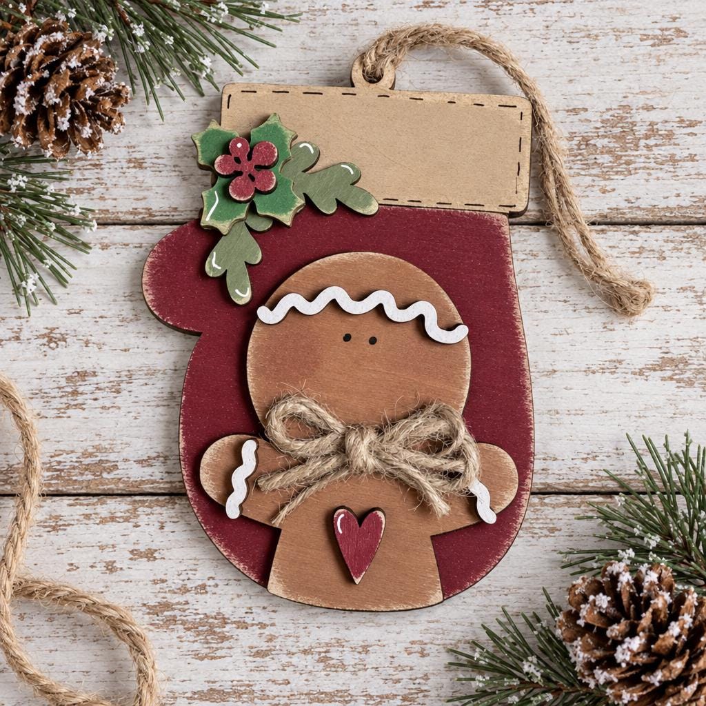 Red Mitten Ornament with Gingerbread Man, Layered Wood Gingerbread Christmas Ornament with Holly and Heart, Farmhouse Tree Decor