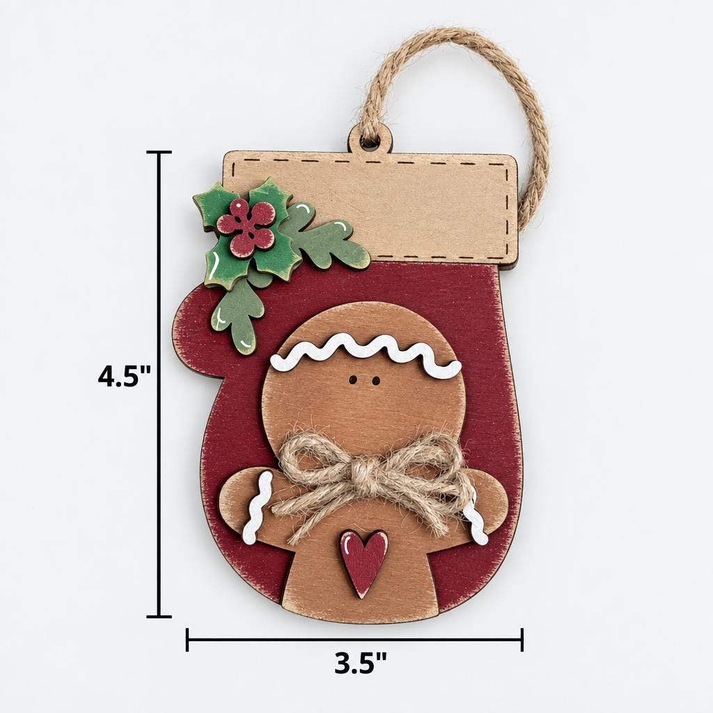 Red Mitten Ornament with Gingerbread Man, Layered Wood Gingerbread Christmas Ornament with Holly and Heart, Farmhouse Tree Decor