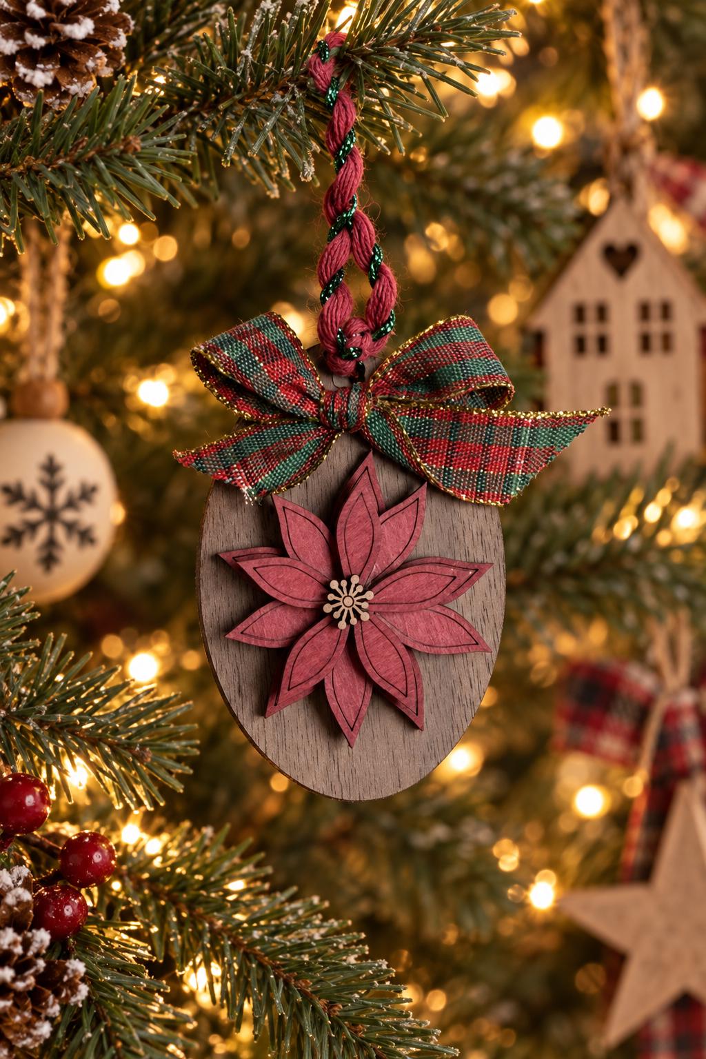 Poinsettia Ornament, Mini Layered Wood Christmas Flower Ornament with Plaid Bow, Rustic Farmhouse Tree Decor