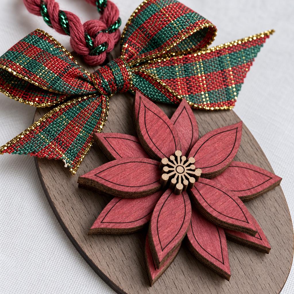 Poinsettia Ornament, Mini Layered Wood Christmas Flower Ornament with Plaid Bow, Rustic Farmhouse Tree Decor