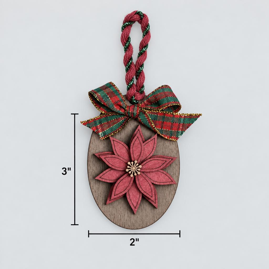 Poinsettia Ornament, Mini Layered Wood Christmas Flower Ornament with Plaid Bow, Rustic Farmhouse Tree Decor