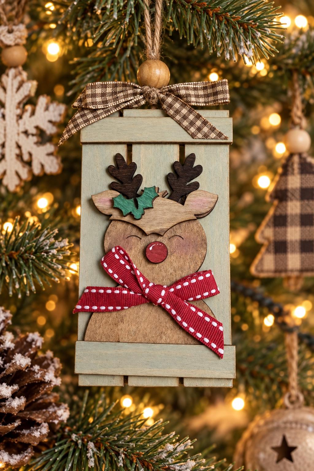 Reindeer Pallet Ornament, Rustic Wood Christmas Ornament with Red Nose Reindeer, Holly and Scarf Bow, Farmhouse Tree Decor