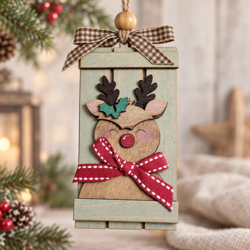 Reindeer Pallet Ornament, Rustic Wood Christmas Ornament with Red Nose Reindeer, Holly and Scarf Bow, Farmhouse Tree Decor