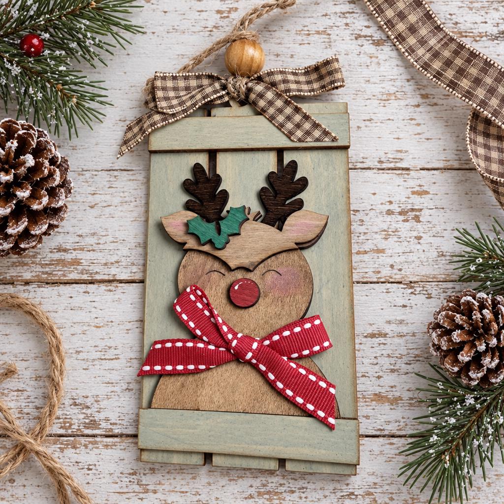 Reindeer Pallet Ornament, Rustic Wood Christmas Ornament with Red Nose Reindeer, Holly and Scarf Bow, Farmhouse Tree Decor