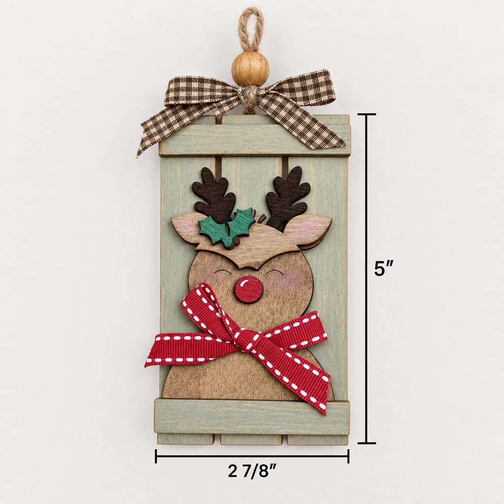 Reindeer Pallet Ornament, Rustic Wood Christmas Ornament with Red Nose Reindeer, Holly and Scarf Bow, Farmhouse Tree Decor - TheGrumpyRooster