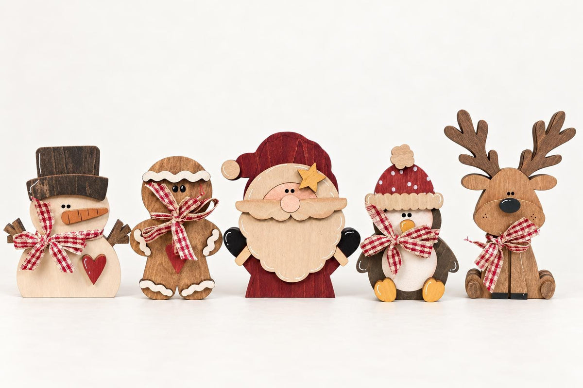 Wooden Christmas Shelf Sitter Set of 5 | Rustic Santa, Snowman, Reindeer, Gingerbread and Penguin Decor