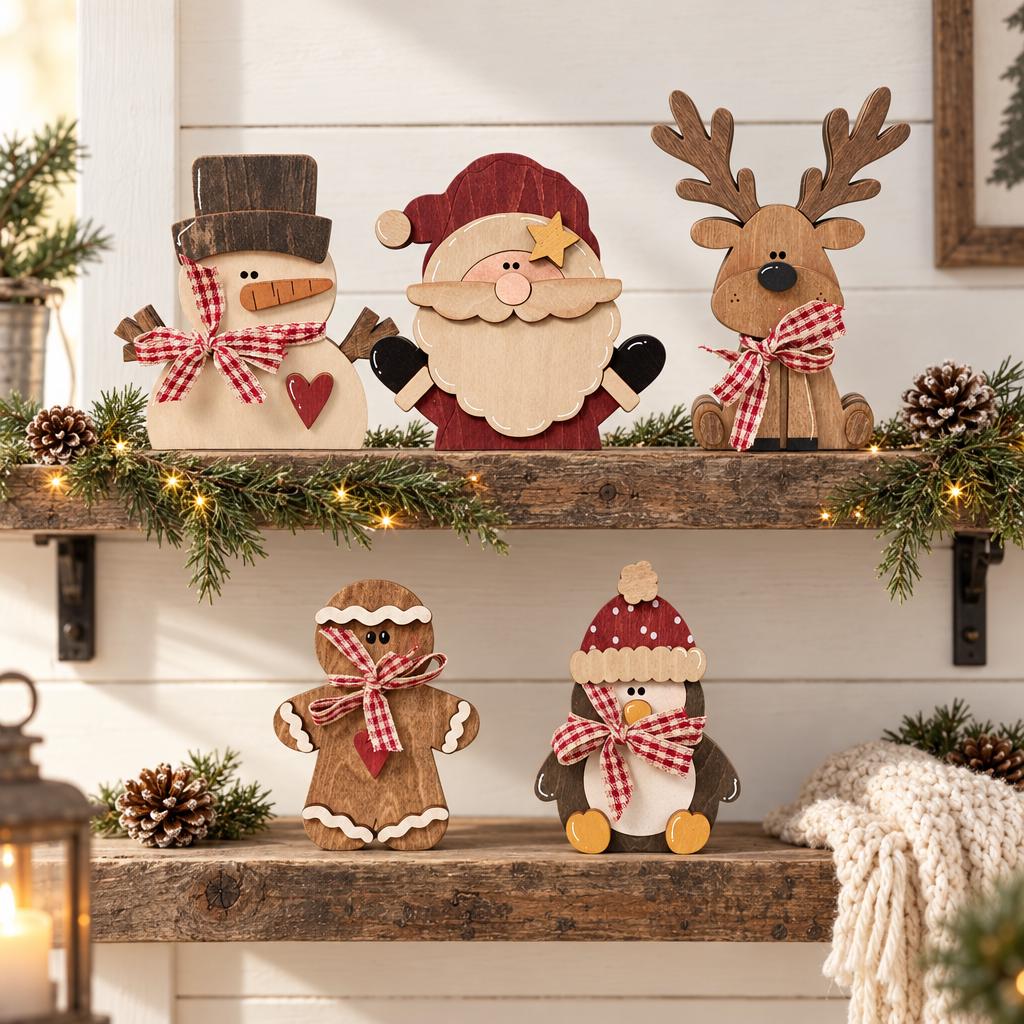 Wooden Christmas Shelf Sitter Set of 5 | Rustic Santa, Snowman, Reindeer, Gingerbread and Penguin Decor