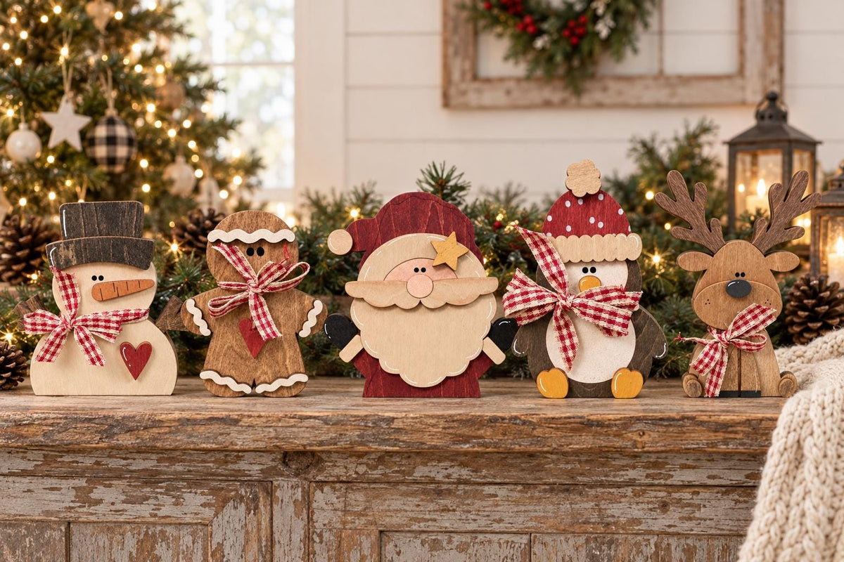 Wooden Christmas Shelf Sitter Set of 5 | Rustic Santa, Snowman, Reindeer, Gingerbread and Penguin Decor