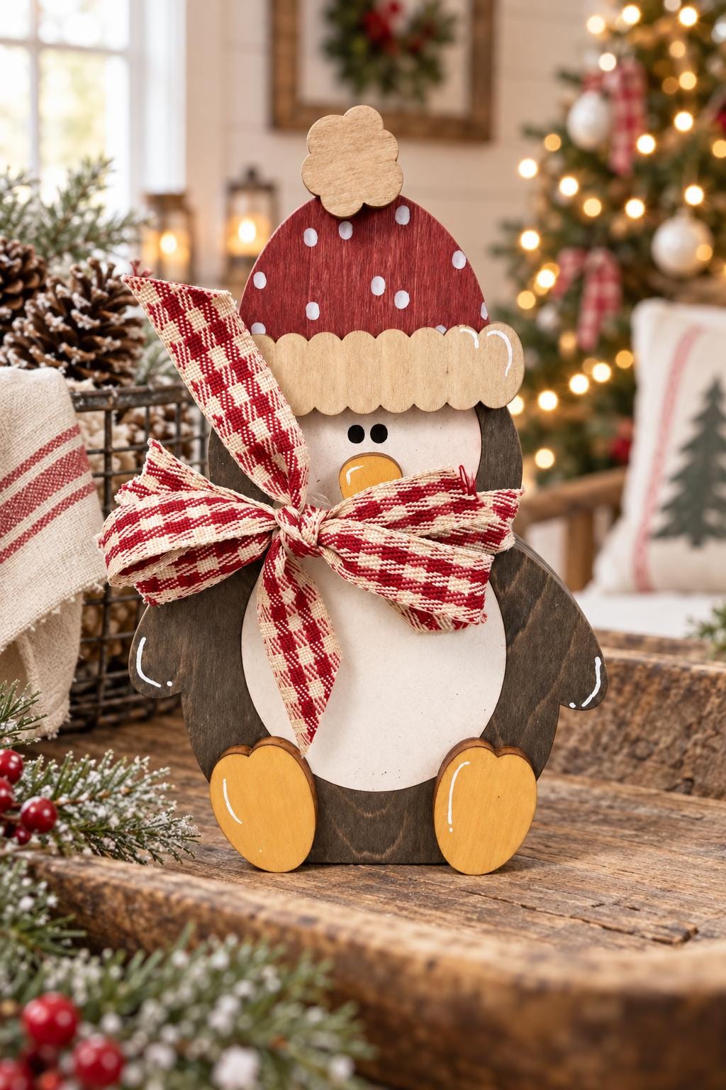 Wooden Penguin Shelf Sitter | Rustic Christmas and Winter Decor | Red Hat and Gingham Bow