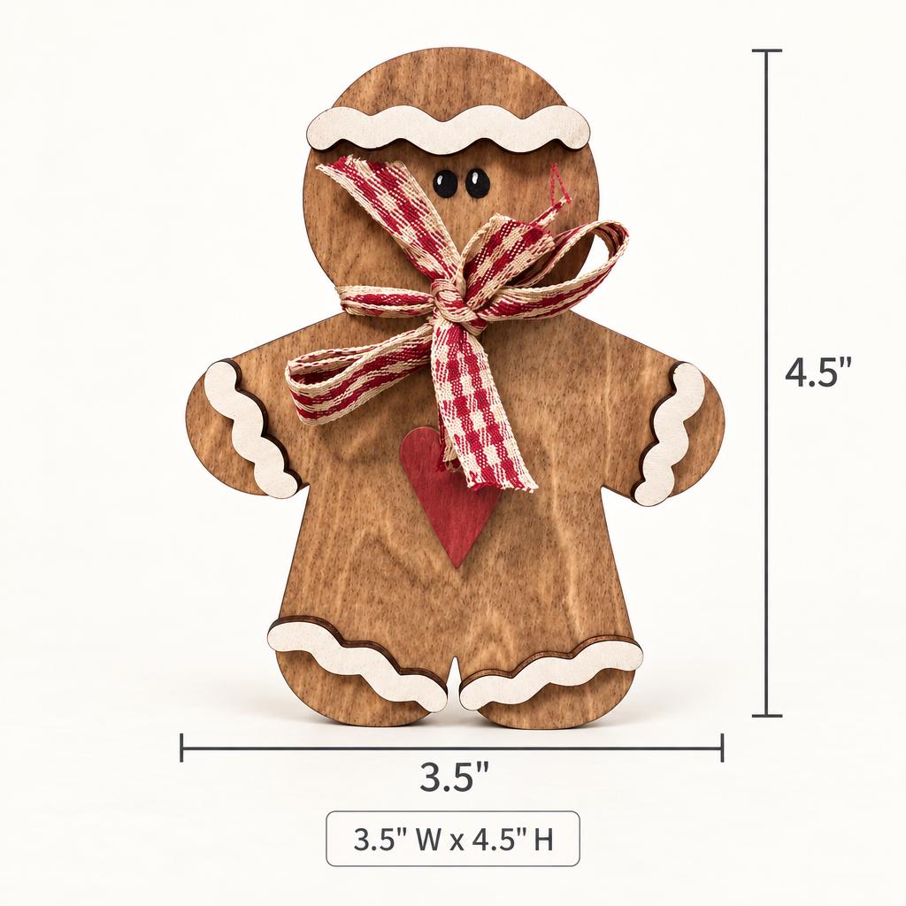 Wooden Gingerbread Shelf Sitter | Rustic Christmas Decor | Red Gingham Bow and Heart