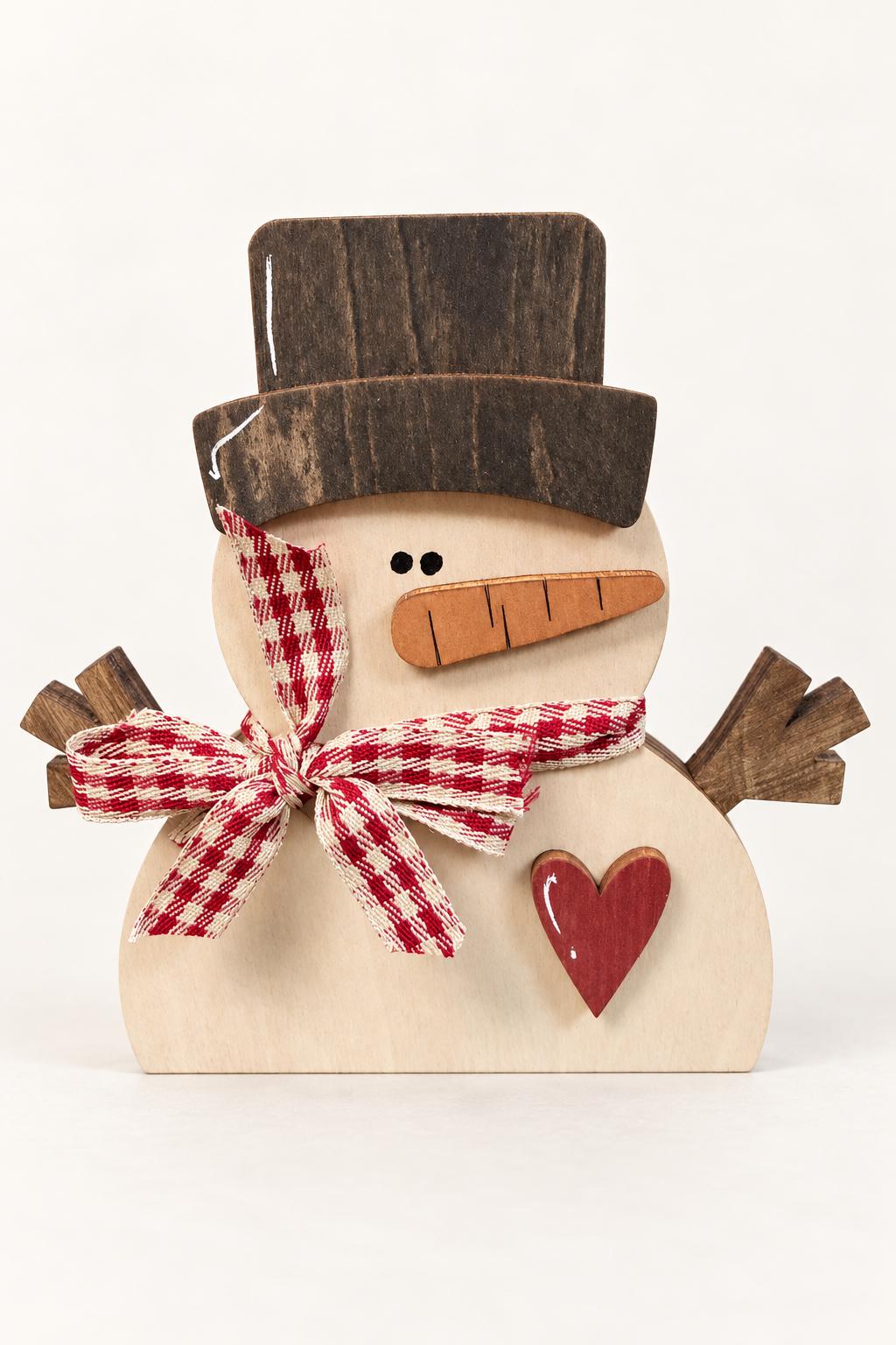 Wooden Snowman Shelf Sitter | Rustic Christmas and Winter Decor | Top Hat, Red Heart and Gingham Bow