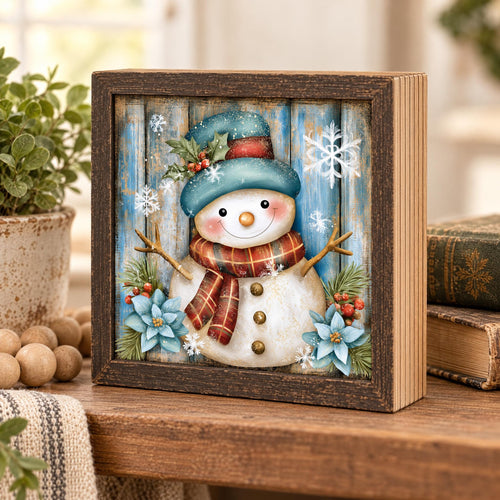 Blue Hat Snowman Wood Sign, Freestanding Winter Decor, Layered Wood Block, Christmas Shelf Sitter