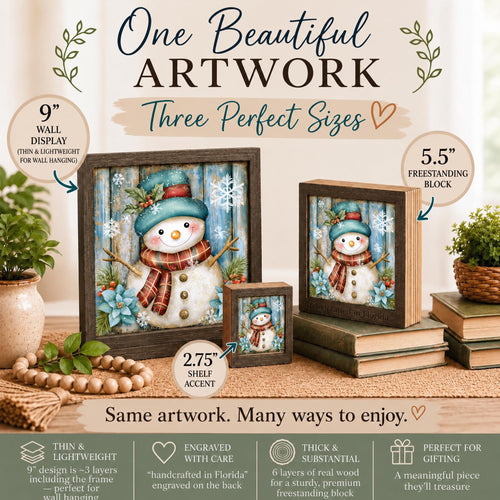 Blue Hat Snowman Wood Sign, Freestanding Winter Decor, Layered Wood Block, Christmas Shelf Sitter