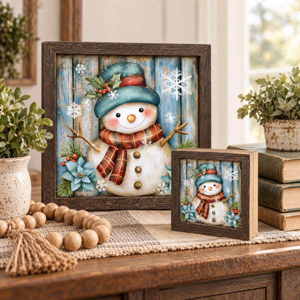 Blue Hat Snowman Wood Sign, Freestanding Winter Decor, Layered Wood Block, Christmas Shelf Sitter