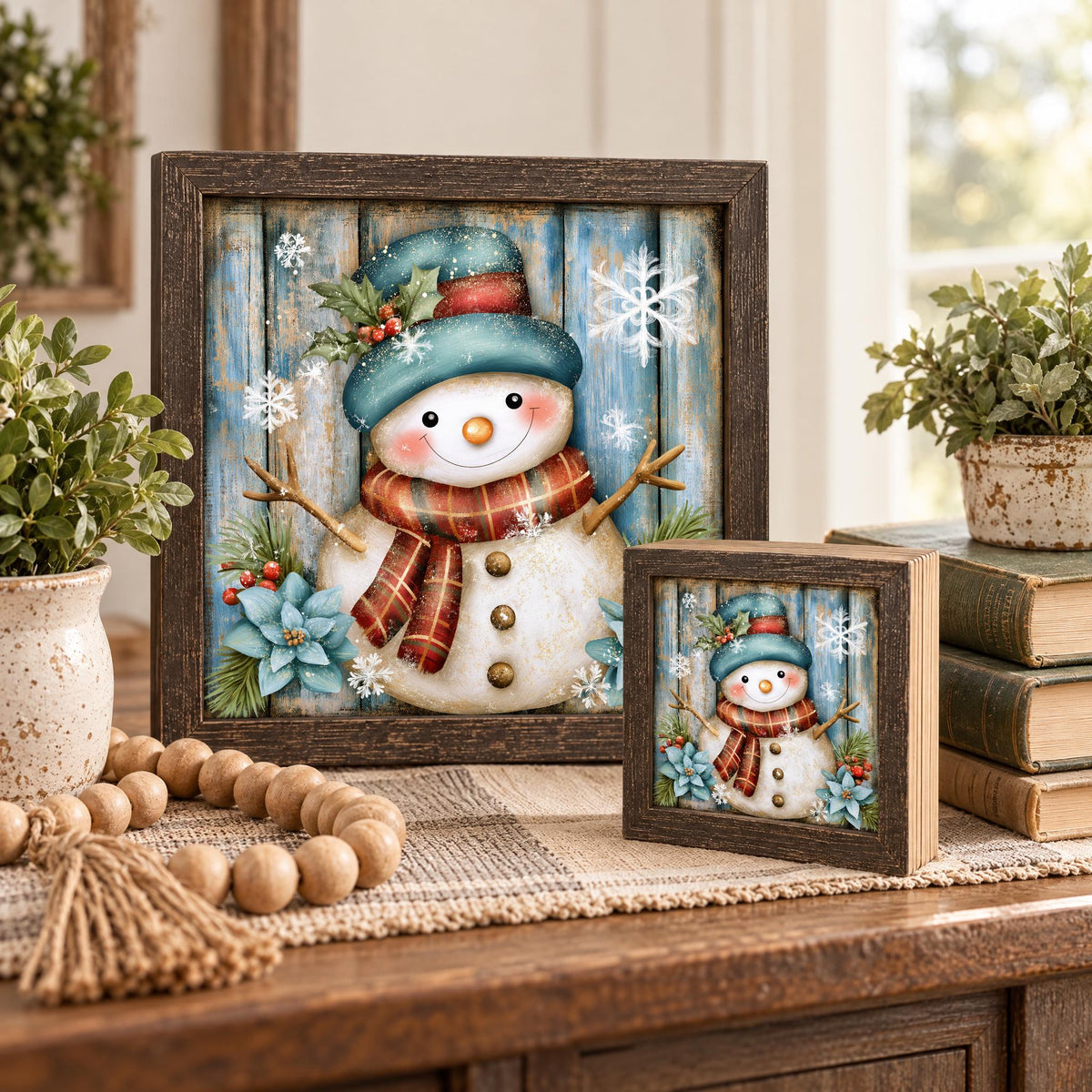Blue Hat Snowman Wood Sign, Freestanding Winter Decor, Layered Wood Block, Christmas Shelf Sitter