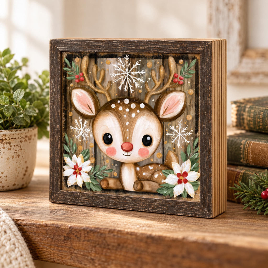 Cute Reindeer Wood Sign, Freestanding Christmas Decor, Layered Wood Block, Holiday Shelf Sitter