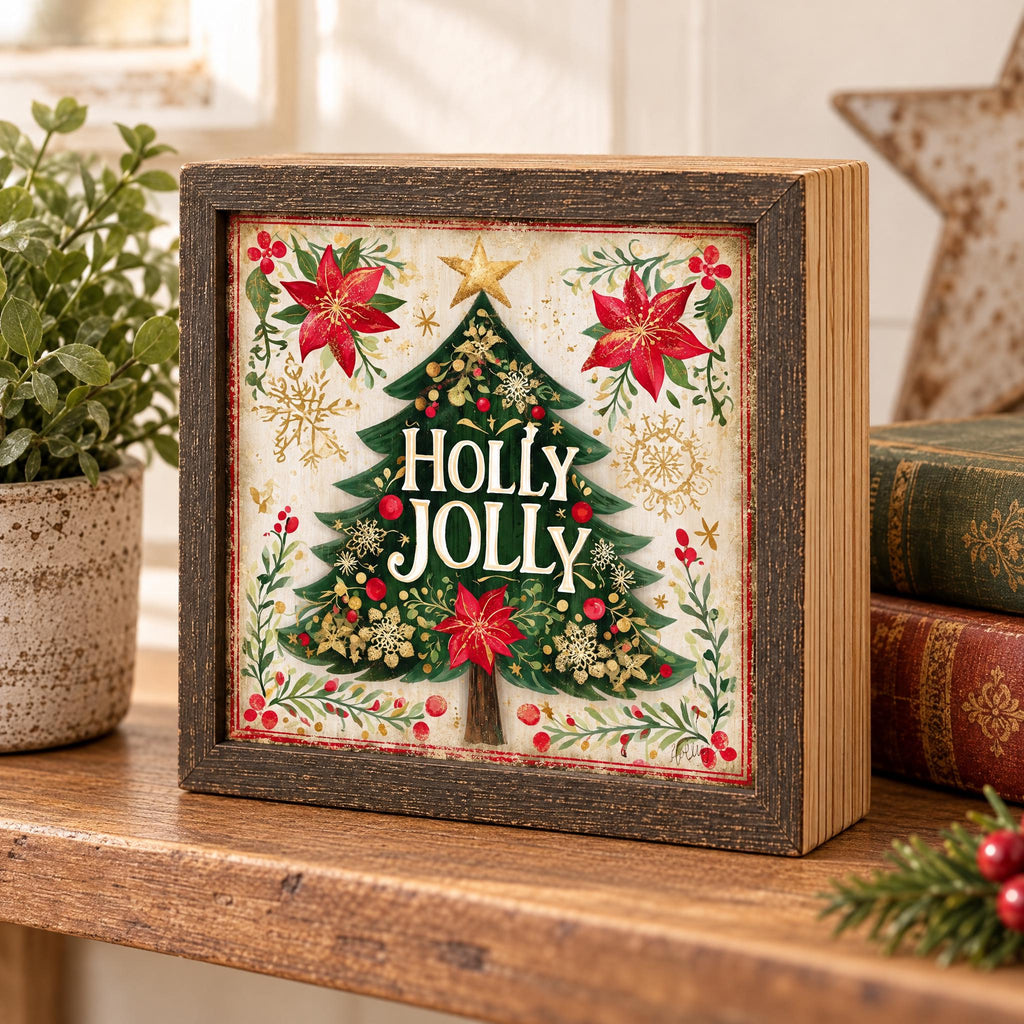 Holly Jolly Christmas Wood Sign, Freestanding Holiday Decor, Layered Wood Block, Tiered Tray Shelf Sitter