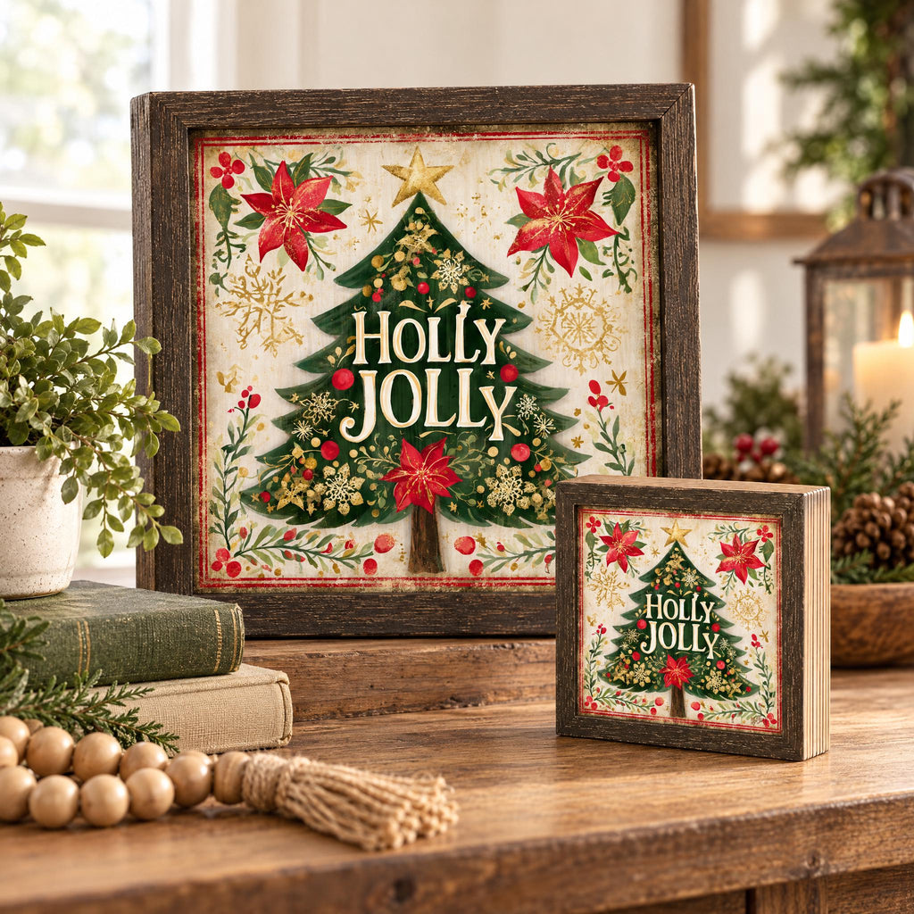 Holly Jolly Christmas Wood Sign, Freestanding Holiday Decor, Layered Wood Block, Tiered Tray Shelf Sitter