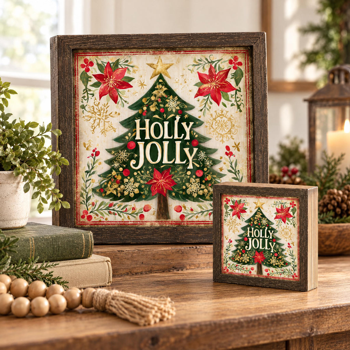 Holly Jolly Christmas Wood Sign, Freestanding Holiday Decor, Layered Wood Block, Tiered Tray Shelf Sitter