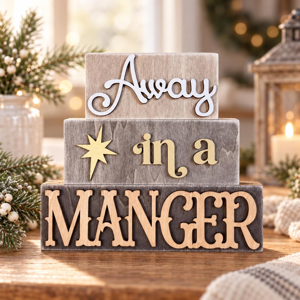 Away in a Manger Stacked Wood Block Sign, Rustic Christmas Nativity Shelf Sitter, Mantel Decor