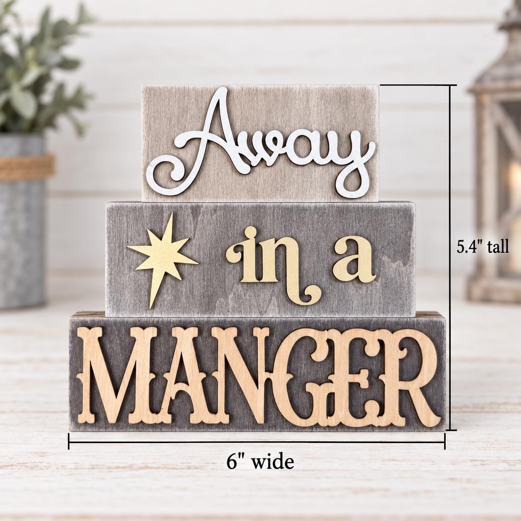 Away in a Manger Stacked Wood Block Sign, Rustic Christmas Nativity Shelf Sitter, Mantel Decor