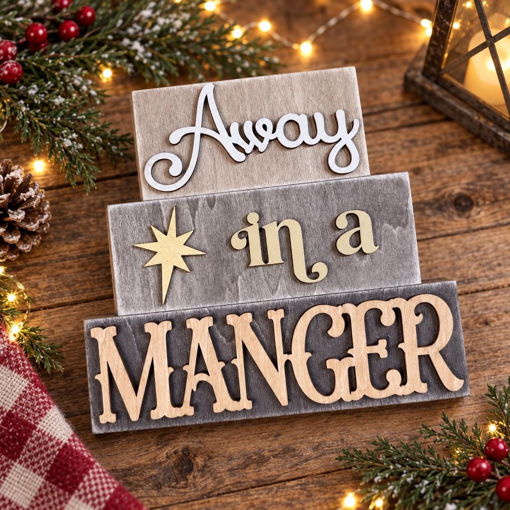 Away in a Manger Stacked Wood Block Sign, Rustic Christmas Nativity Shelf Sitter, Mantel Decor