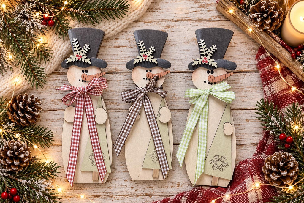 Wood Snowman Shelf Sitter, Large Freestanding Snowman with Top Hat, Rustic Farmhouse Christmas Mantel Decor, Red Green Brown Gingham