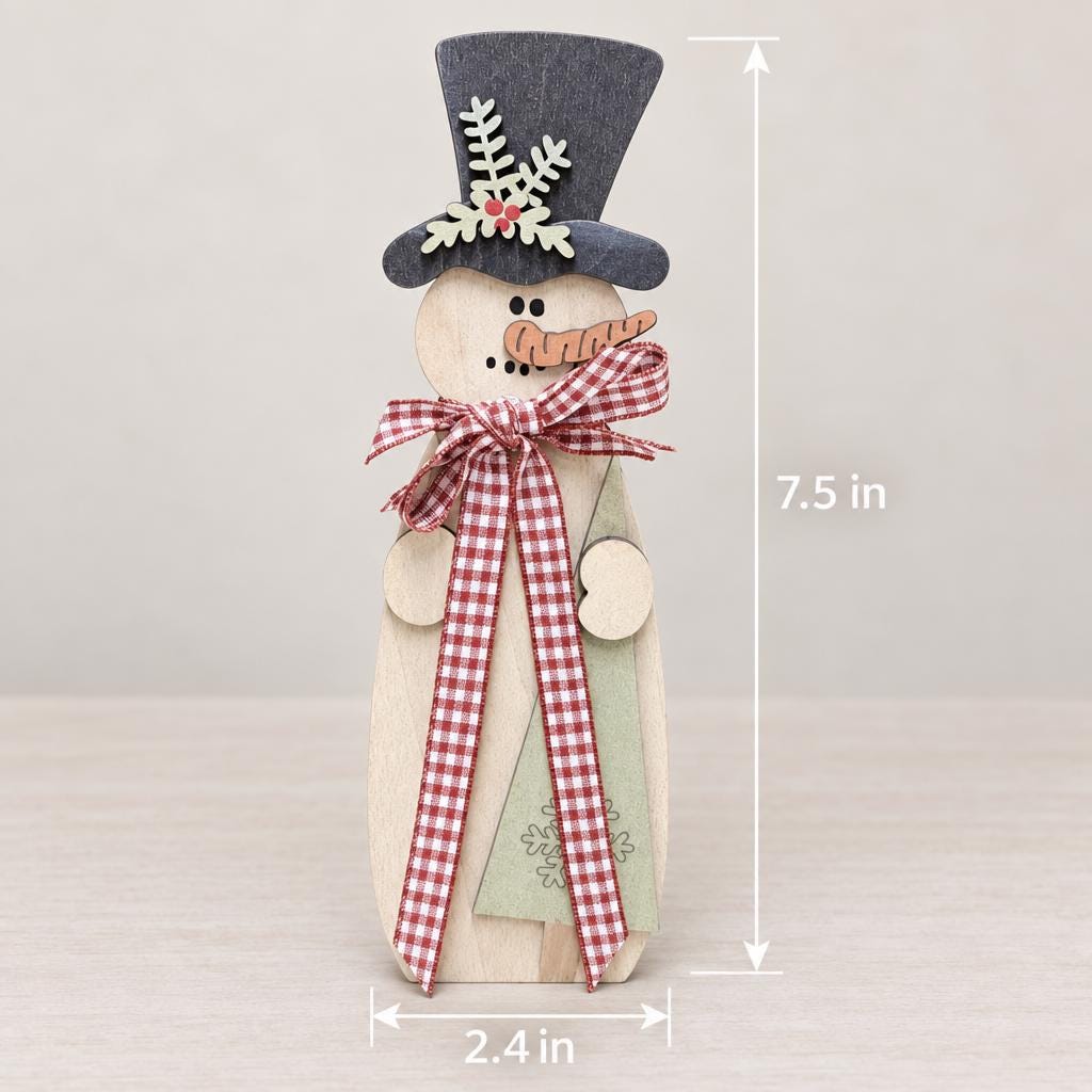 Wood Snowman Shelf Sitter, Large Freestanding Snowman with Top Hat, Rustic Farmhouse Christmas Mantel Decor, Red Green Brown Gingham