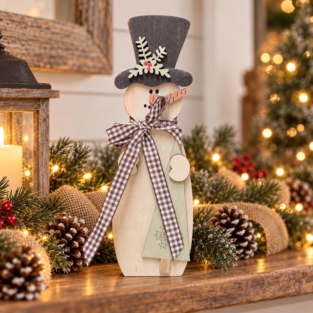 Wood Snowman Shelf Sitter, Large Freestanding Snowman with Top Hat, Rustic Farmhouse Christmas Mantel Decor, Red Green Brown Gingham