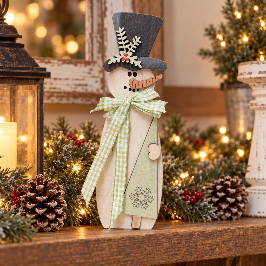 Wood Snowman Shelf Sitter, Large Freestanding Snowman with Top Hat, Rustic Farmhouse Christmas Mantel Decor, Red Green Brown Gingham