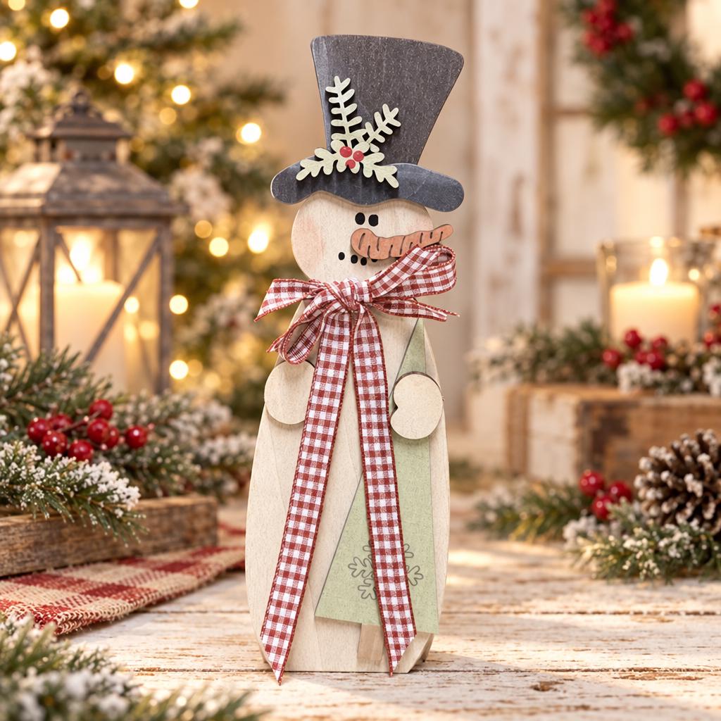 Wood Snowman Shelf Sitter, Large Freestanding Snowman with Top Hat, Rustic Farmhouse Christmas Mantel Decor, Red Green Brown Gingham