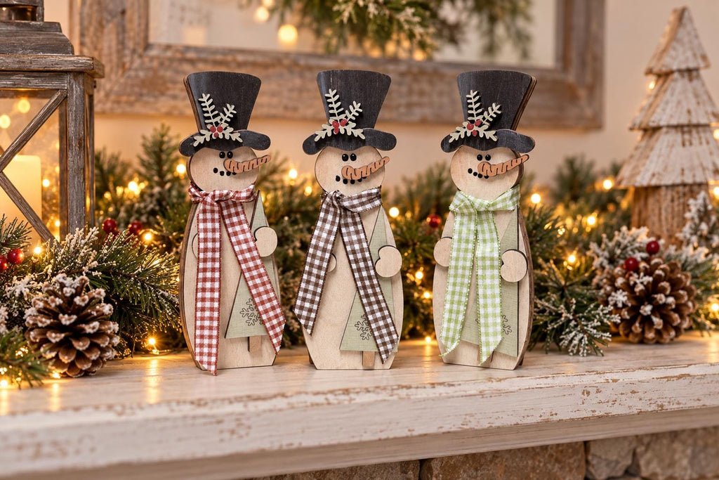 Wood Snowman Shelf Sitter, Small Freestanding Snowman with Top Hat, Rustic Farmhouse Christmas Decor, Gingham Scarf, Red Green Brown