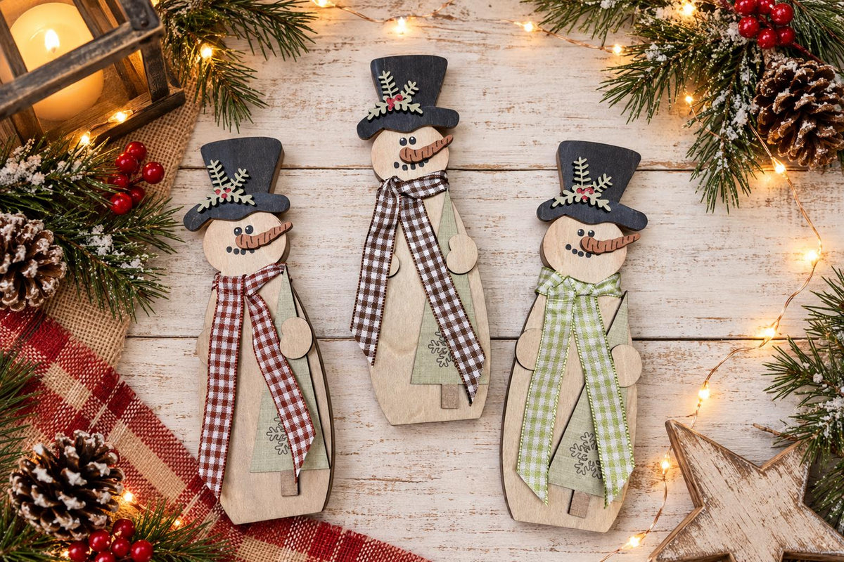 Wood Snowman Shelf Sitter, Small Freestanding Snowman with Top Hat, Rustic Farmhouse Christmas Decor, Gingham Scarf, Red Green Brown