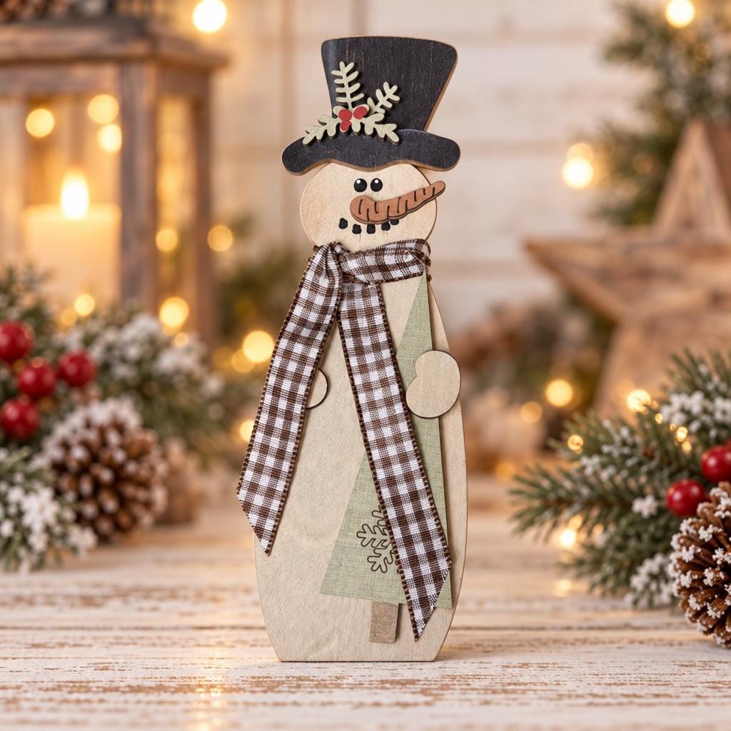Wood Snowman Shelf Sitter, Small Freestanding Snowman with Top Hat, Rustic Farmhouse Christmas Decor, Gingham Scarf, Red Green Brown