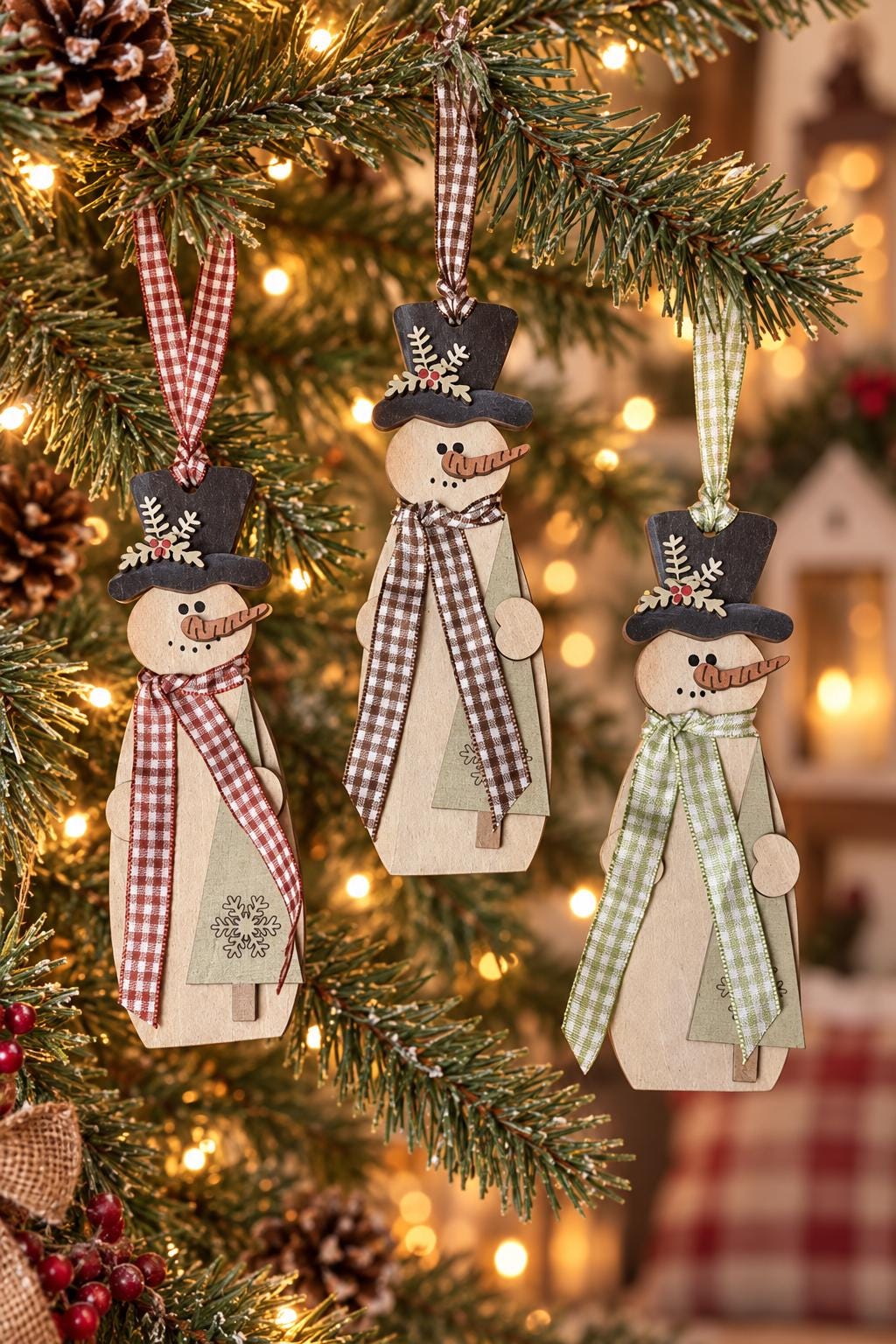Wood Snowman Ornament, Layered Top Hat Snowman Christmas Tree Ornament, Rustic Farmhouse Christmas Decor, Gingham Scarf Red Green Brown