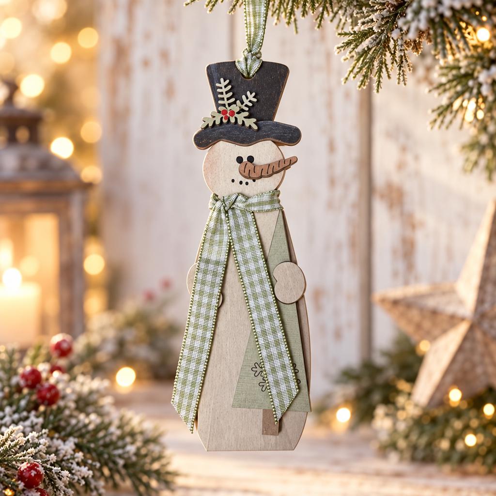 Wood Snowman Ornament, Layered Top Hat Snowman Christmas Tree Ornament, Rustic Farmhouse Christmas Decor, Gingham Scarf Red Green Brown - TheGrumpyRooster