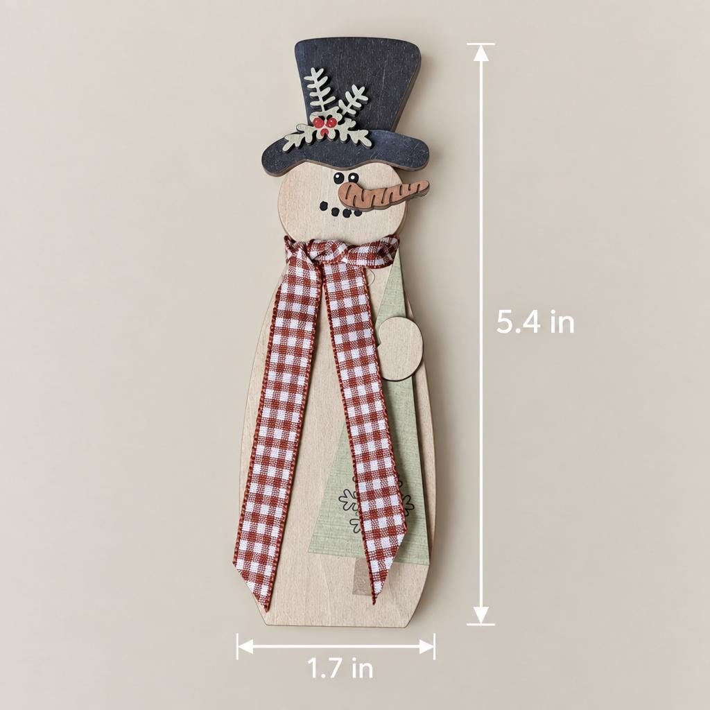 Wood Snowman Ornament, Layered Top Hat Snowman Christmas Tree Ornament, Rustic Farmhouse Christmas Decor, Gingham Scarf Red Green Brown - TheGrumpyRooster