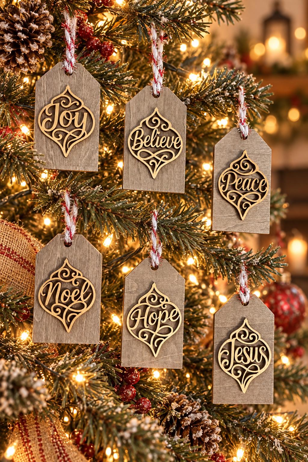 Filigree Word Christmas Ornaments Set of 6, Believe Joy Noel Jesus Peace Hope, Wood Tree Ornaments, Holiday Decor